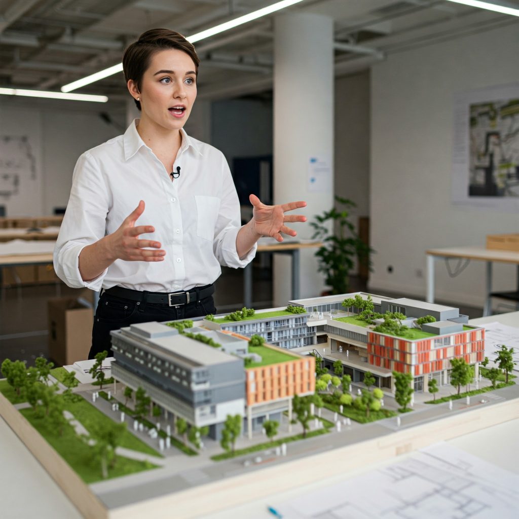 An architect gesturing towards a model of a building, explaining the design features and how they enhance the user experience.