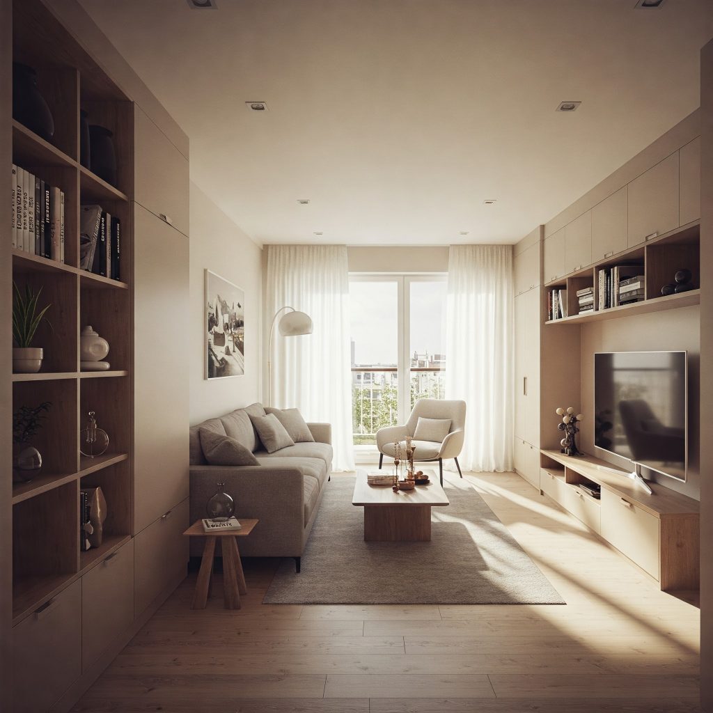 An interior rendering of a bright and airy living space, designed for both style and functionality. Large windows flood the room with natural light, illuminating a comfortable seating area with a plush sofa and a modern armchair. Thoughtful storage solutions are seamlessly integrated into the design, including built-in shelving and a sleek entertainment center, minimizing clutter and maximizing space. The overall aesthetic is minimalist, with a neutral color palette and warm wooden accents creating a welcoming and tranquil atmosphere.