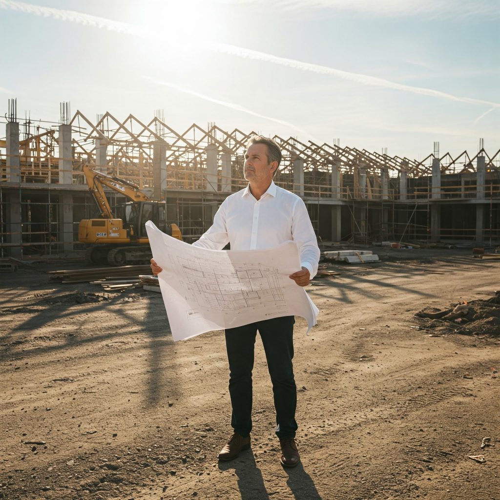 An architect in a light-colored shirt and dark pants stands on a dusty construction site, holding a large unfolded site plan. He is looking thoughtfully at the land and the partially erected framework of a building in the background. A yellow excavator is also visible in the distance under a bright sky.