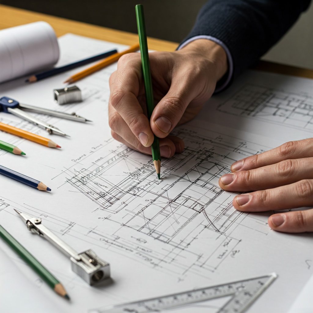 Close-up of an architect's hands sketching a building concept on tracing paper.