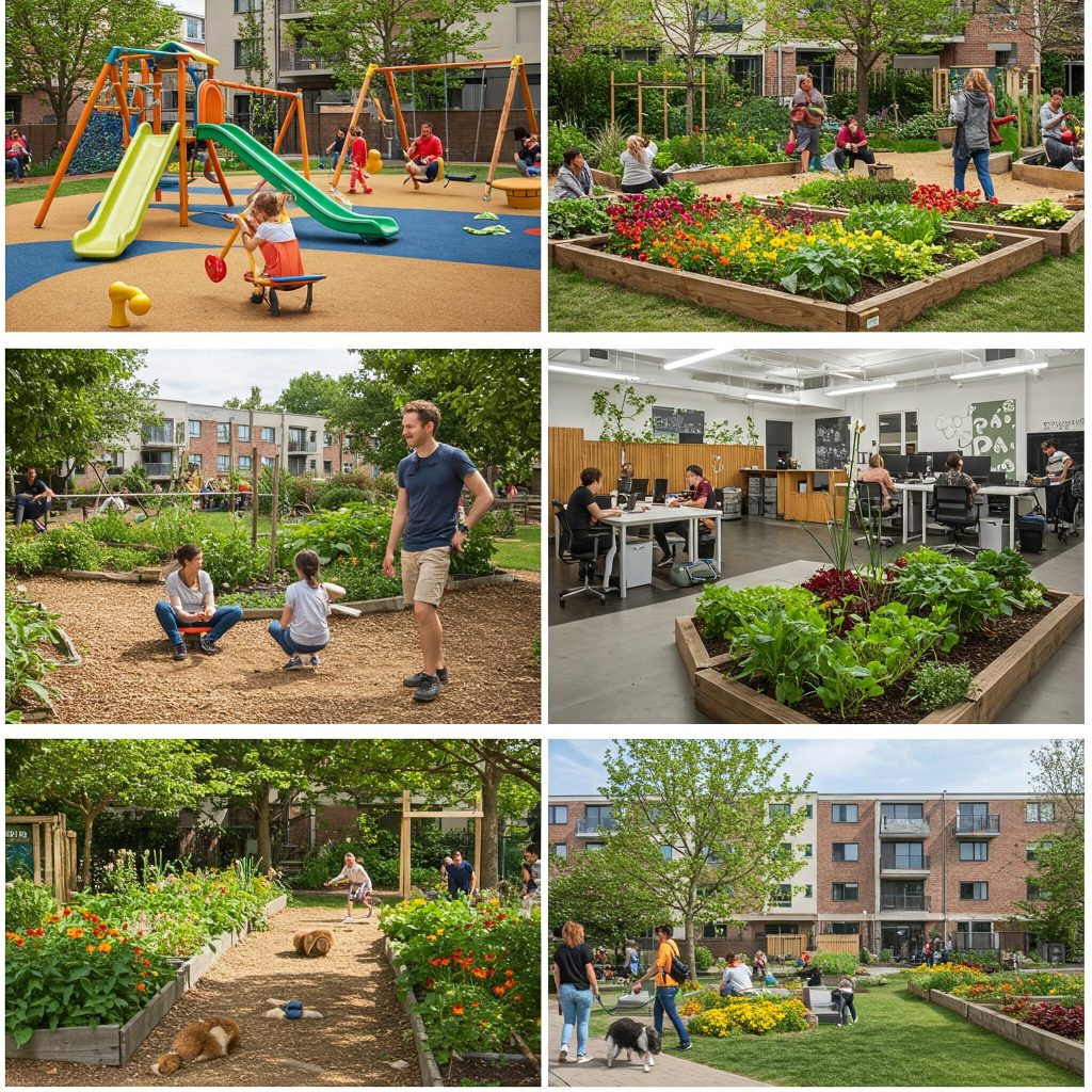Image collage highlighting desirable development amenities: a children's play area with slides and swings, residents tending to plants in a community garden, individuals working in a shared co-working space, and people enjoying a pet-friendly green space.