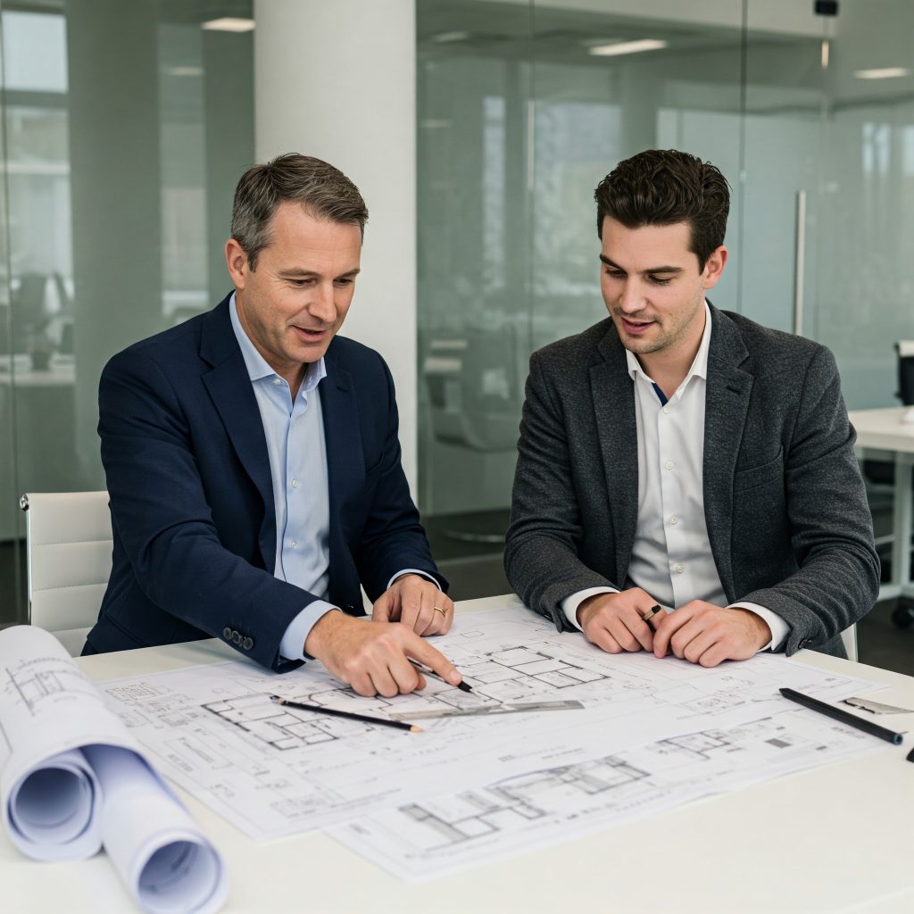 A well-lit image shows an architect gesturing towards architectural blueprints spread out on a table, while a developer listens attentively. The scene conveys a sense of professional collaboration and focused discussion during the early design phase of a project.