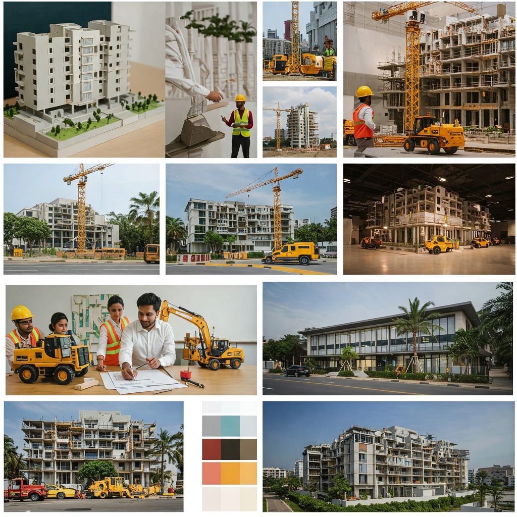 A vibrant mood board showcasing the energy and collaborative spirit of young developers, featuring images of modern architectural models, active construction sites, and diverse teams working together on innovative building projects.