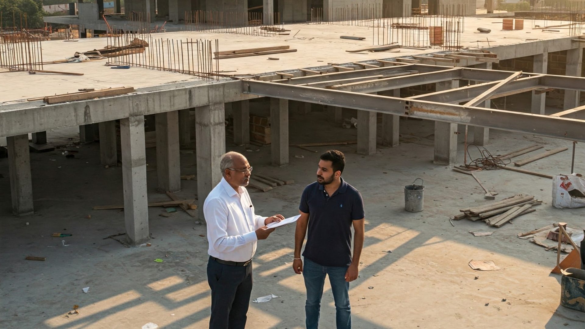 Architect and developer collaborating on a construction site.